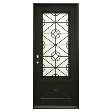 Load image into Gallery viewer, Single entryway door made of black iron and steel with a single large window, an intricate iron design, and a solid bottom panel. Door is thermally broken to protect from extreme weather.