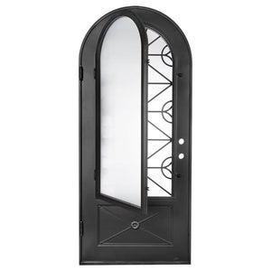 Single entryway door made of black iron and steel with a single large window, an intricate iron design, a full arch, and a solid bottom panel. Door is thermally broken to protect from extreme weather.