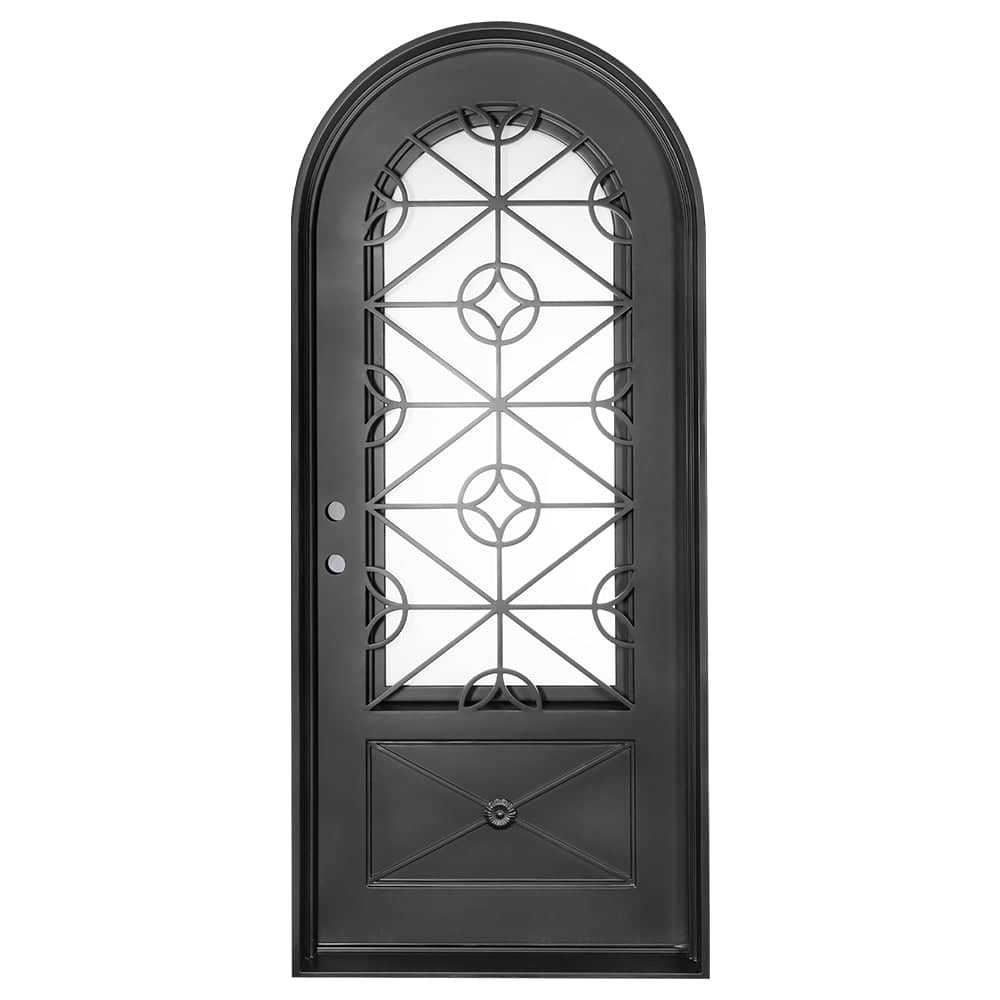 Single entryway door made of black iron and steel with a single large window, an intricate iron design, a full arch, and a solid bottom panel. Door is thermally broken to protect from extreme weather.