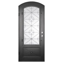 Load image into Gallery viewer, Single entryway door made of black iron and steel with a single large window, an intricate iron design, a slight arch, and a solid bottom panel. Door is thermally broken to protect from extreme weather.