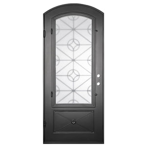 Single entryway door made of black iron and steel with a single large window, an intricate iron design, a slight arch, and a solid bottom panel. Door is thermally broken to protect from extreme weather.