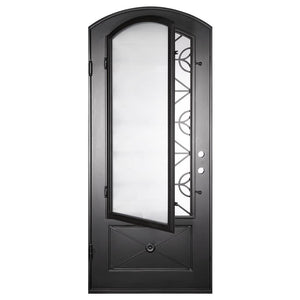 Single entryway door made of black iron and steel with a single large window, an intricate iron design, a slight arch, and a solid bottom panel. Door is thermally broken to protect from extreme weather.