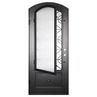 Single door with a thick steel frame and a window behind intricate detailing from PINKYS