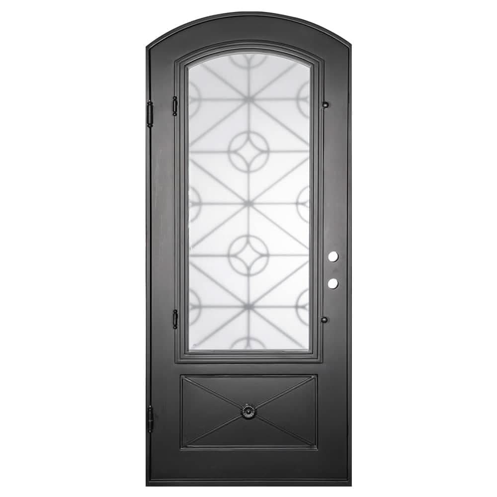 Baily black exterior metal arch top door with decorative scrollwork.