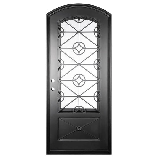 Single door with a thick steel frame and a window behind intricate detailing from PINKYS
