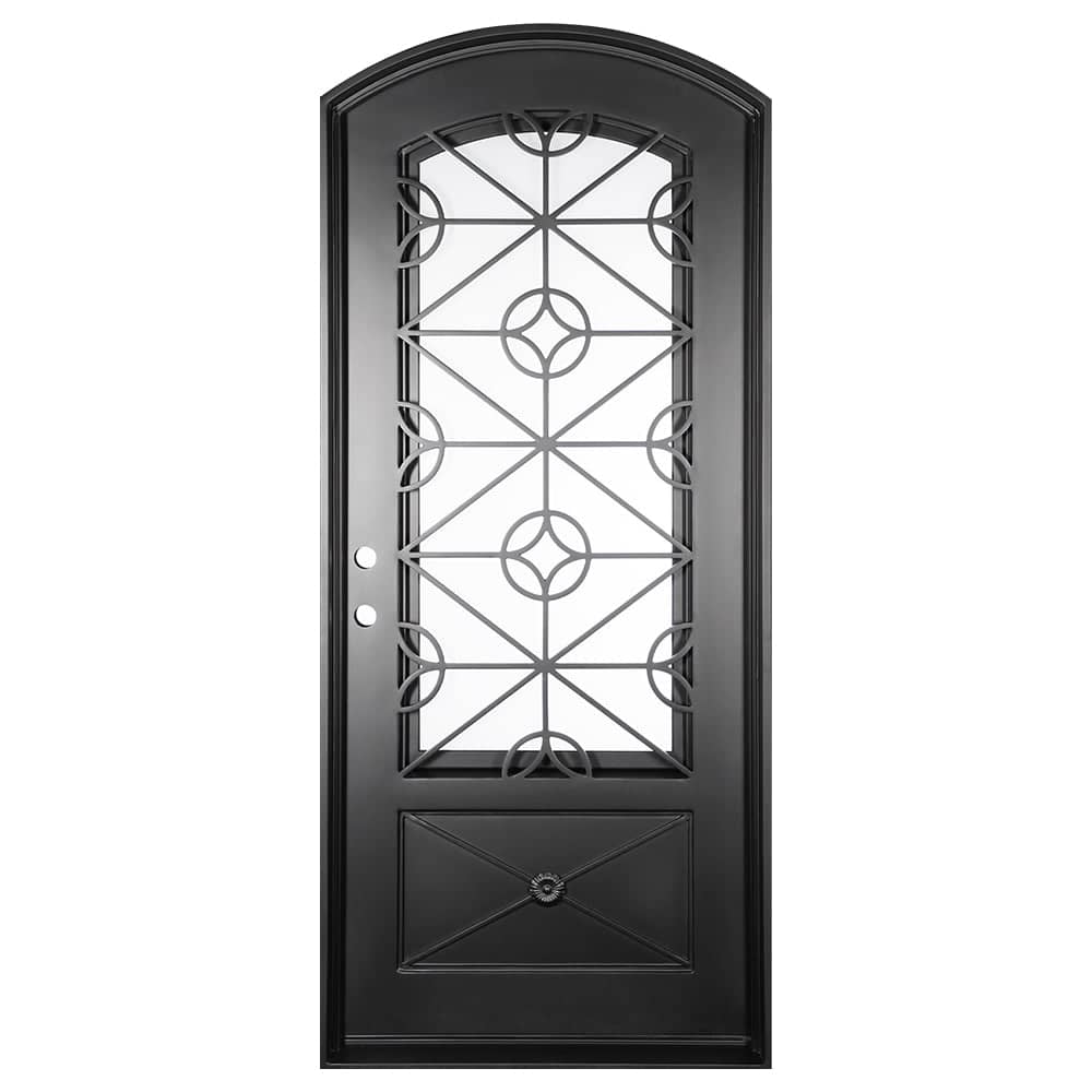 Single entryway door made of black iron and steel with a single large window, an intricate iron design, a slight arch, and a solid bottom panel. Door is thermally broken to protect from extreme weather.