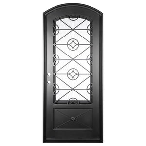 Single entryway door made of black iron and steel with a single large window, an intricate iron design, a slight arch, and a solid bottom panel. Door is thermally broken to protect from extreme weather.