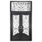 Double entryway doors made with a thick iron and steel frame, large glass panels behind an intricate iron design, a large transom window behind an intricate iron design, and a curved kickplate at the bottom of the doors. Doors are thermally broken to protect from extreme weather.