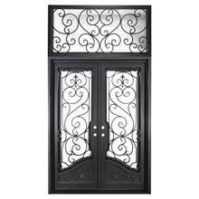 Load image into Gallery viewer, Double entryway doors made with a thick iron and steel frame, large glass panels behind an intricate iron design, a large transom window behind an intricate iron design, and a curved kickplate at the bottom of the doors. Doors are thermally broken to protect from extreme weather.
