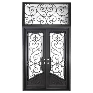 Double entryway doors made with a thick iron and steel frame, large glass panels behind an intricate iron design, a large transom window behind an intricate iron design, and a curved kickplate at the bottom of the doors. Doors are thermally broken to protect from extreme weather.