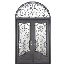 Load image into Gallery viewer, Double entryway doors made with a thick iron and steel frame, large glass panels behind an intricate iron design, a large arched transom window behind an intricate iron design, and a curved kickplate at the bottom of the doors. Doors are thermally broken to protect from extreme weather.