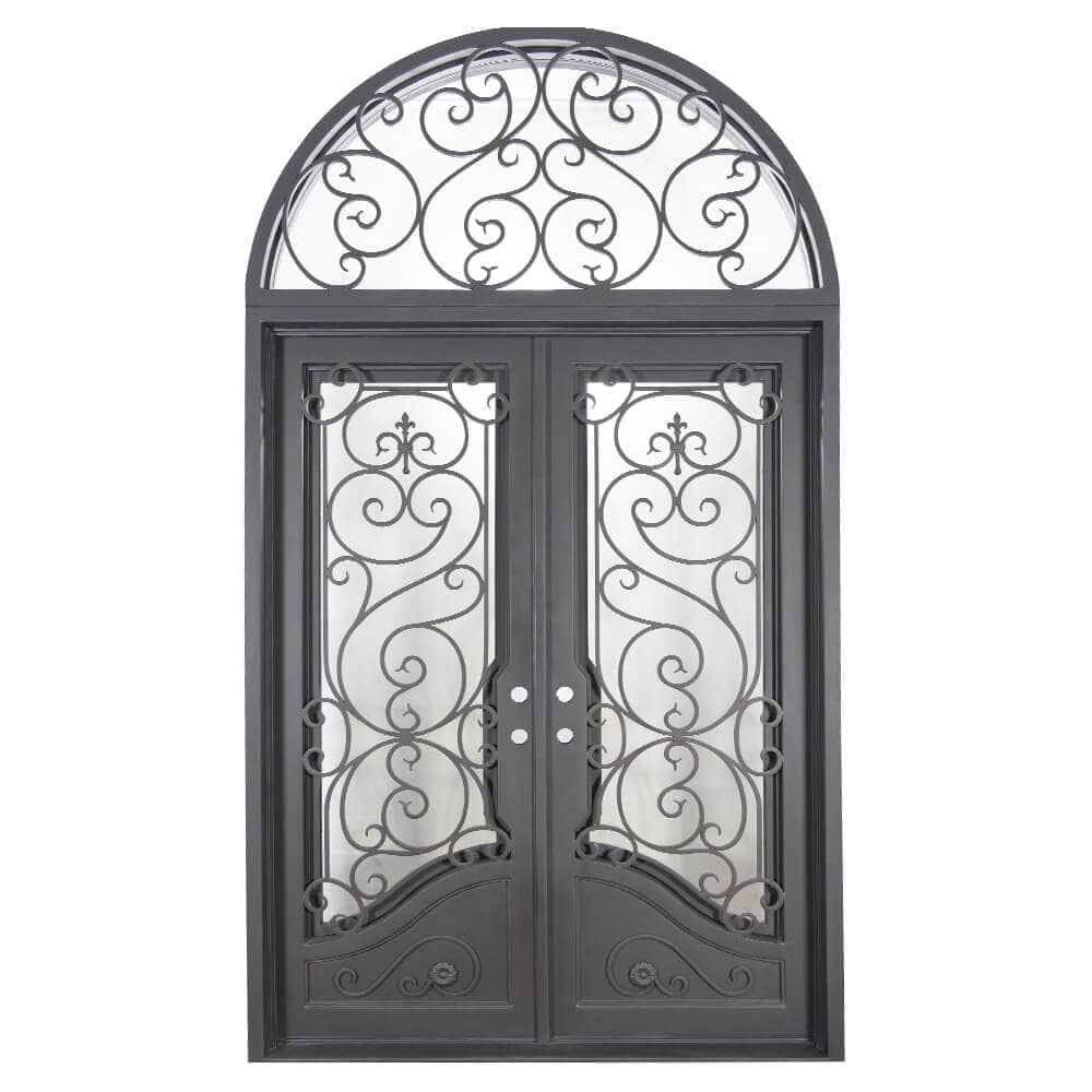 Double entryway doors made with a thick iron and steel frame, large glass panels behind an intricate iron design, a large arched transom window behind an intricate iron design, and a curved kickplate at the bottom of the doors. Doors are thermally broken to protect from extreme weather.