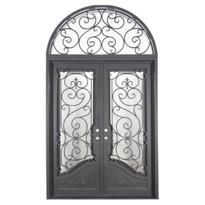 Double entryway doors made with a thick iron and steel frame, large glass panels behind an intricate iron design, a large arched transom window behind an intricate iron design, and a curved kickplate at the bottom of the doors. Doors are thermally broken to protect from extreme weather.