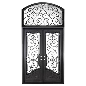 Double entryway doors made with a thick iron and steel frame, large glass panels behind an intricate iron design, a large transom window with a slight arch behind an intricate iron design, and a curved kickplate at the bottom of the doors. Doors are thermally broken to protect from extreme weather.