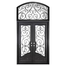 Load image into Gallery viewer, Double entryway doors made with a thick iron and steel frame, large glass panels behind an intricate iron design, a large transom window with a slight arch behind an intricate iron design, and a curved kickplate at the bottom of the doors. Doors are thermally broken to protect from extreme weather.