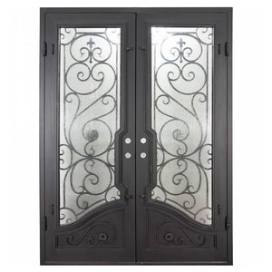 Double entryway doors with a thick steel and iron frame, two large windows behind an intricate iron pattern, and a curved kickplate. Doors are thermally broken to protect from extreme weather.