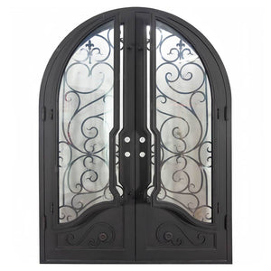 Double entryway doors made of black iron and steel with a large window, an intricate iron design and a solid bottom panel.