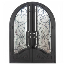 Load image into Gallery viewer, Double entryway doors with a thick steel and iron frame, two large windows behind an intricate iron pattern, a full arch on top, and a curved kickplate. Doors are thermally broken to protect from extreme weather.