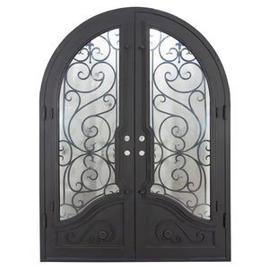Double entryway doors with a thick steel and iron frame, two large windows behind an intricate iron pattern, a full arch on top, and a curved kickplate. Doors are thermally broken to protect from extreme weather.