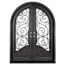 Load image into Gallery viewer, Double entryway doors with a thick steel and iron frame, two large windows behind an intricate iron pattern, a full arch on top, and a curved kickplate. Doors are thermally broken to protect from extreme weather.