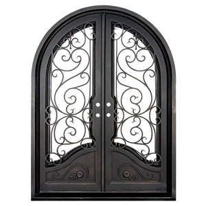 Double entryway doors with a thick steel and iron frame, two large windows behind an intricate iron pattern, a full arch on top, and a curved kickplate. Doors are thermally broken to protect from extreme weather.