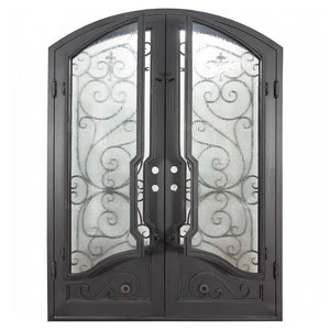 Double entryway doors with a thick steel and iron frame, two large windows behind an intricate iron pattern, a curved kickplate, and a slight arch on top. Doors are thermally broken to protect from extreme weather.