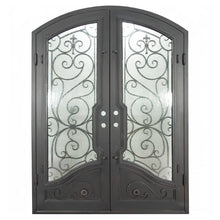 Load image into Gallery viewer, Double entryway doors with a thick steel and iron frame, two large windows behind an intricate iron pattern, a curved kickplate, and a slight arch on top. Doors are thermally broken to protect from extreme weather.