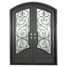 Load image into Gallery viewer, Double entryway doors with a thick steel and iron frame, two large windows behind an intricate iron pattern, a curved kickplate, and a slight arch on top. Doors are thermally broken to protect from extreme weather.
