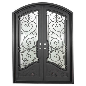 Double entryway doors with a thick steel and iron frame, two large windows behind an intricate iron pattern, a curved kickplate, and a slight arch on top. Doors are thermally broken to protect from extreme weather.