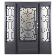 Load image into Gallery viewer, PINKYS Beverly luxurious single iron door with sidelights design features a fluid and organic pattern and a unique bottom panel on each iron door that provides the perfect contrast.