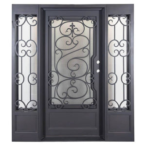 Single entryway door with a thick iron and steel frame, a window behind intricate iron patterning, two sidelights with glass panels, and a solid bottom. Door is thermally broken to protect from extreme weather.