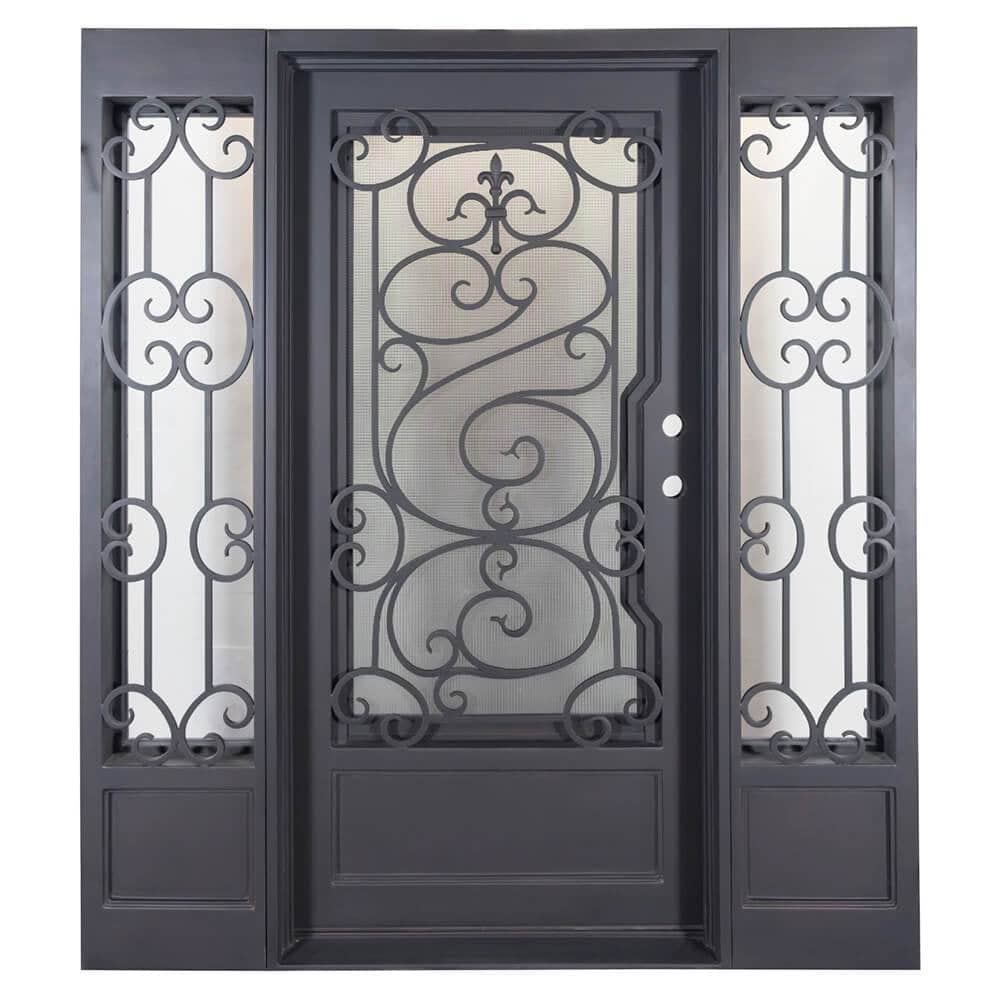 Single entryway door with a thick iron and steel frame, a window behind intricate iron patterning, two sidelights with glass panels, and a solid bottom. Door is thermally broken to protect from extreme weather.