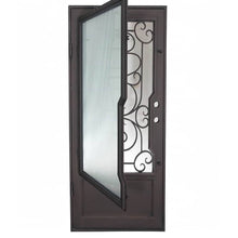 Load image into Gallery viewer, Single entryway door with a thick iron and steel frame, a window behind intricate iron patterning, and a solid bottom. Door is thermally broken to protect from extreme weather.