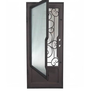 Single entryway door with a thick iron and steel frame, a window behind intricate iron patterning, and a solid bottom. Door is thermally broken to protect from extreme weather.