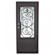 Load image into Gallery viewer, Single entryway door with a thick iron and steel frame, a window behind intricate iron patterning, and a solid bottom. Door is thermally broken to protect from extreme weather.