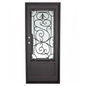Single entryway door with a thick iron and steel frame, a window behind intricate iron patterning, and a solid bottom. Door is thermally broken to protect from extreme weather.