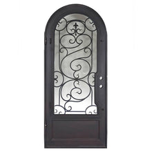 Load image into Gallery viewer, Single entryway door with a thick iron and steel frame, a window behind intricate iron patterning, a full arch, and a solid bottom. Door is thermally broken to protect from extreme weather.