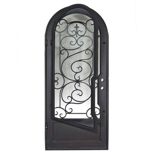 Single entryway door made of black iron and steel with a single large window, an intricate iron design, a slight arch, and a solid bottom panel. Door is thermally broken to protect from extreme weather.