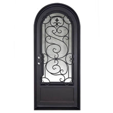 Load image into Gallery viewer, Single entryway door made of black iron and steel with a single large window, an intricate iron design, a slight arch, and a solid bottom panel. Door is thermally broken to protect from extreme weather.
