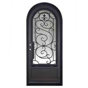 Single entryway door with a thick iron and steel frame, a window behind intricate iron patterning, a full arch, and a solid bottom. Door is thermally broken to protect from extreme weather.