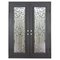Double entryway doors made with a thick iron and steel frame and two full-panel windows behind an intricate iron design. Doors are thermally broken to protect from extreme weather.