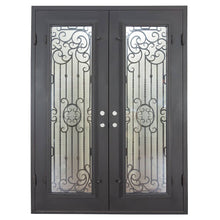 Load image into Gallery viewer, Double entryway doors made of black iron and steel with a large window and an intricate iron design