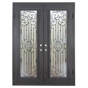 Double entryway doors made of black iron and steel with a large window and an intricate iron design