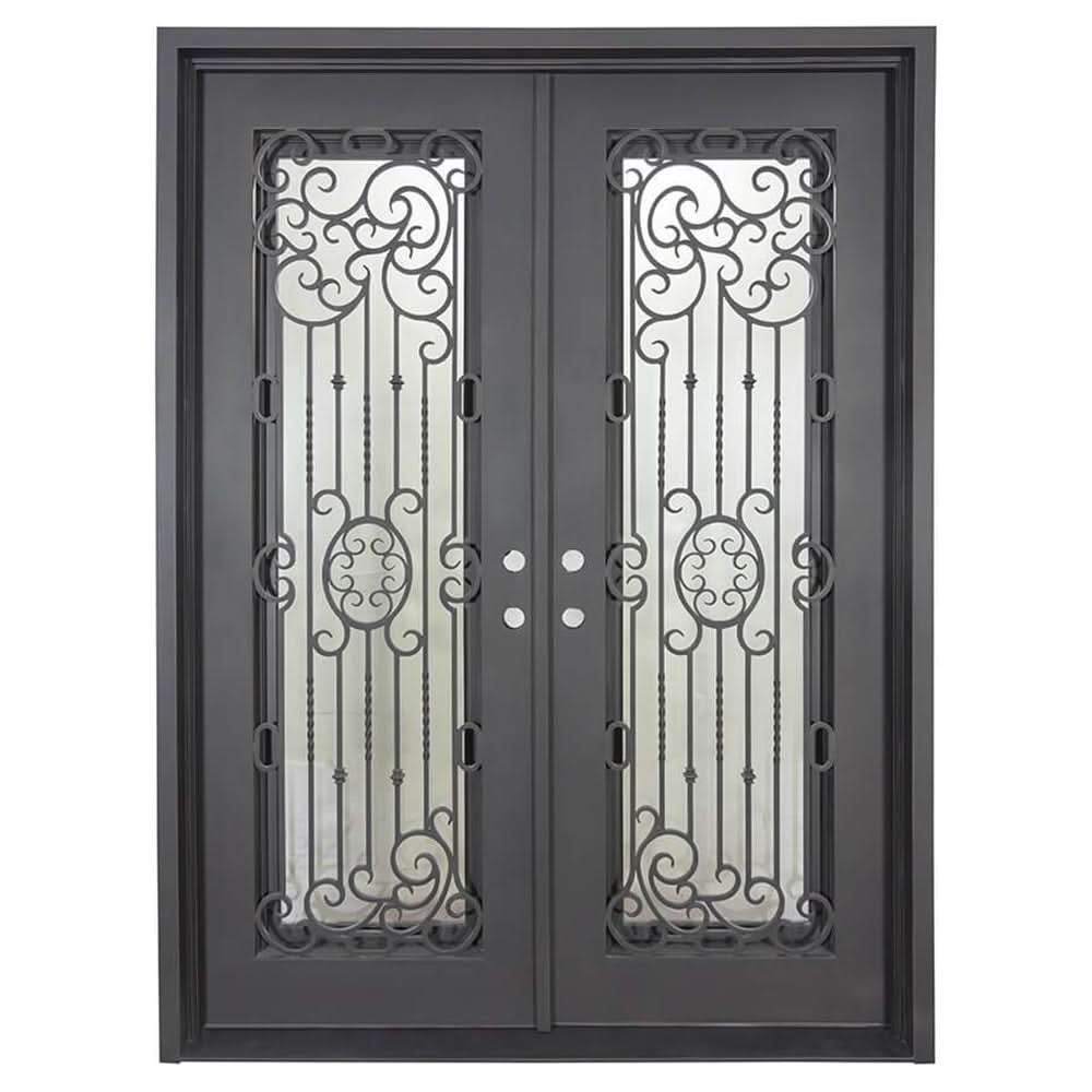 Blackbird pre-hung bronze color wrought iron double square top front door.