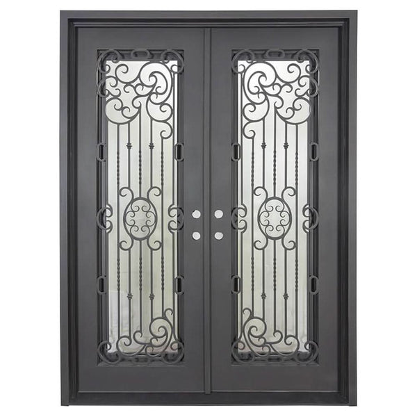 Blackbird pre-hung bronze color wrought iron double square top front door.