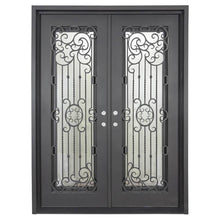 Load image into Gallery viewer, Double entryway doors made of black iron and steel with a large window and an intricate iron design