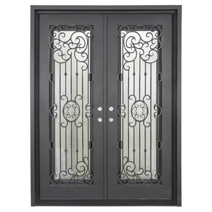 Double entryway doors made of black iron and steel with a large window and an intricate iron design