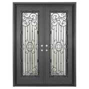 Double entryway doors made with a thick iron and steel frame and two full-panel windows behind an intricate iron design. Doors are thermally broken to protect from extreme weather.