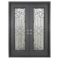 Double entryway doors made with a thick iron and steel frame and two full-panel windows behind an intricate iron design. Doors are thermally broken to protect from extreme weather.