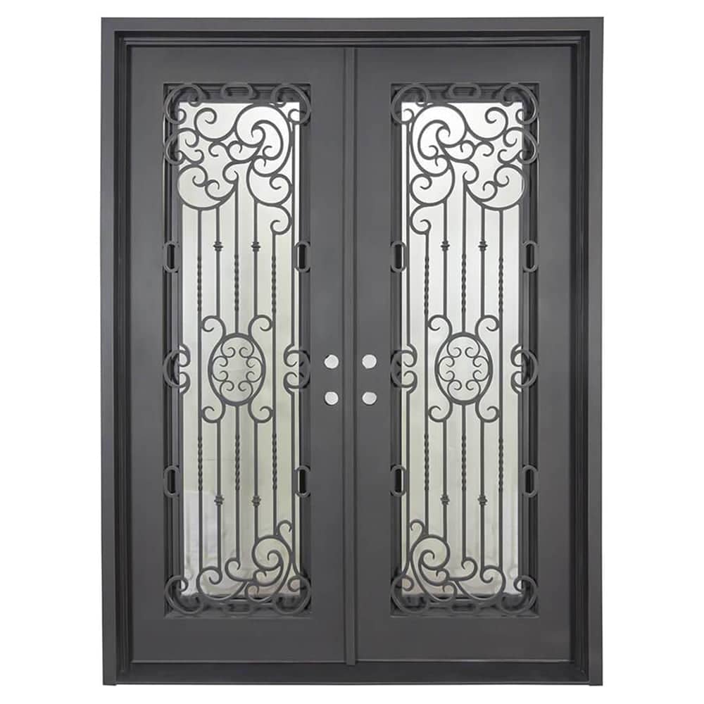 Double entryway doors made with a thick iron and steel frame and two full-panel windows behind an intricate iron design. Doors are thermally broken to protect from extreme weather.